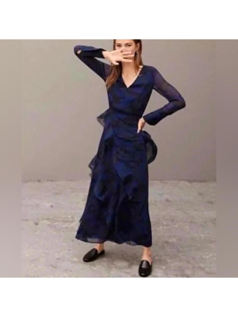 NWT Banana Republic Silk Chiffon Ruffle Midi Dress Size 2 Bias Cut Elegant
